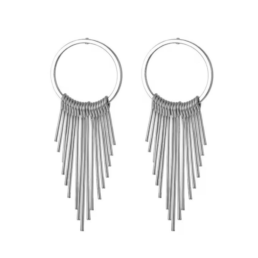 4110NIP Silvertone Cascading Circle Long Golden Rods Classic Retro Tassel Earrin